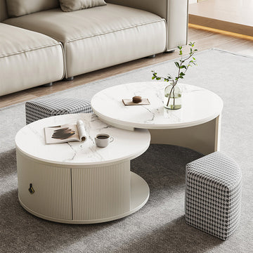 Modern White Sintered Stone Coffee Table & Footstool with Storage